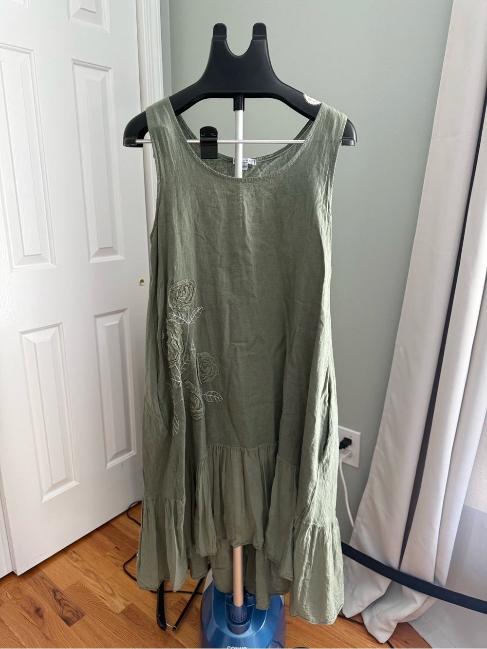 Cristina Vergani Sage Green Linen Blend Boho Lagenlook Midi Dress S